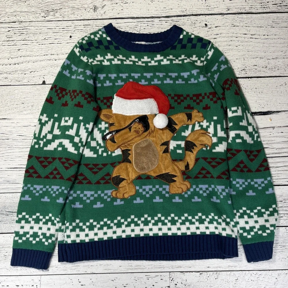 Boy's Holiday Time Dabbing Cat Ugly Christmas‎ Green Sweater XL 14 16